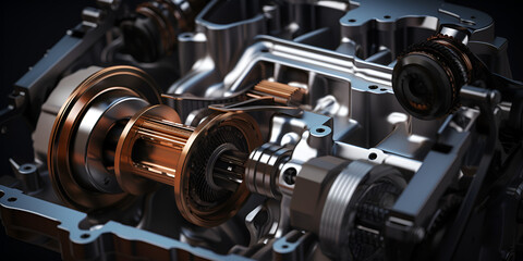 A close up of a car engine with gears and a small part of the engine .Mechanical Symphony Engine Pistons Crankshaft Mechanism in Detailed 3D Render,

