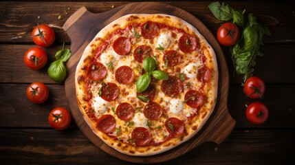 Delicious mouth-watering cheese pizza with pepperoni sausages on a wooden table in a home kitchen. Italian food restaurant. Top view.