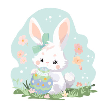 Cute easter bunny with easter eggs on a blue background. vector graphics perfect for decorating postcards, posters, prints on T-shirts, mugs, pillows, textiles