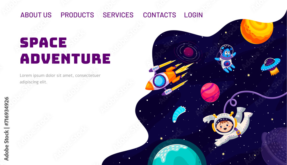 Poster space galaxy adventure landing page. cartoon kid spaceman, alien, ufo and flying rocket between spac