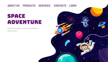 Space galaxy adventure landing page. Cartoon kid spaceman, alien, UFO and flying rocket between space planets vector website background. Cute astronauts characters on starry sky with comets, asteroids