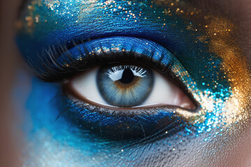 A close-up of a human eye with artistic blue and gold makeup. - obrazy, fototapety, plakaty