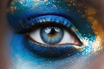Fotobehang A close-up of a human eye with artistic blue and gold makeup. © Andrea Berini