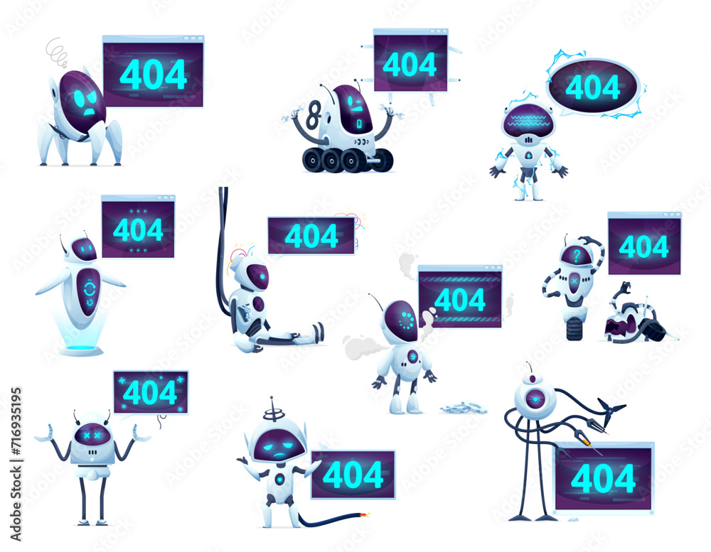 Aufkleber 404 page with cartoon screens, robots and droids for website error, vector symbols of broken android. 404 error or web page not found, oops website service maintenance screens with robots and droids