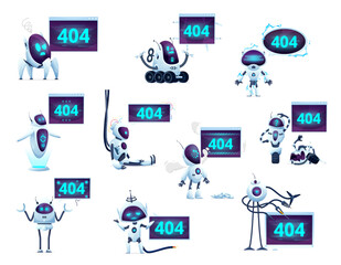 404 page with cartoon screens, robots and droids for website error, vector symbols of broken android. 404 error or web page not found, oops website service maintenance screens with robots and droids