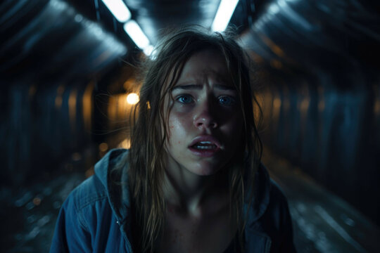 A teenage girl standing in a tunnel, her face lit by a faint light, her expression conveying the despair of her depression