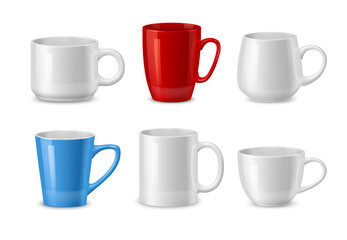 Ceramic coffee mugs and tea cups, realistic tableware mockup. Coffeeshop cafe white porcelain cups, restaurant hot drink colorful ceramic mugs or home kitchenware 3d vector isolated mock up set