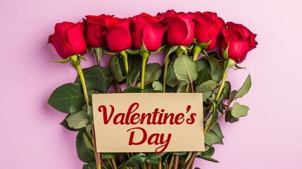 A banner with a bouquet of red roses, a greeting card with an inscription on Valentine's day