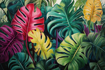 A tropical landscape with a seamless pattern of watercolor leaves, creating a vivid and eye-catching backdrop