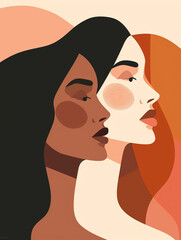 Illustration of two stylized female profiles in an abstract modern art style, featuring warm color palette. Concept of movement for gender equality, women empowerment, march 8