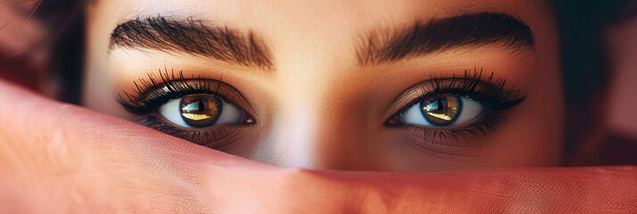 Intense close-up of a woman's captivating brown eyes, partially veiled, conveying mystery and allure.
