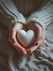 Close-up of woman's hands in knitted sweater gently holding a heart, conveying warmth and love. St Valentine, love and vulnerability concept
