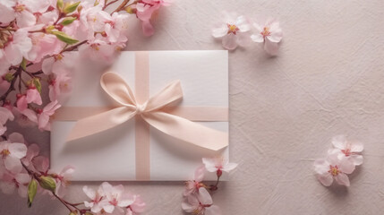 Fototapeta na wymiar Pink greetings background with blossom flowers border