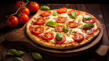 Delicious mouth-watering cheese pizza with tomatoes and herbs on a wooden table in a home kitchen. Italian food restaurant. Side view.