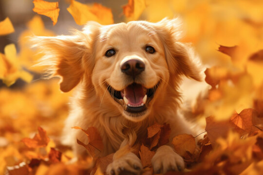 A golden retriever jumping through a pile of autumn leaves, with a bright, warm yellow and orange background