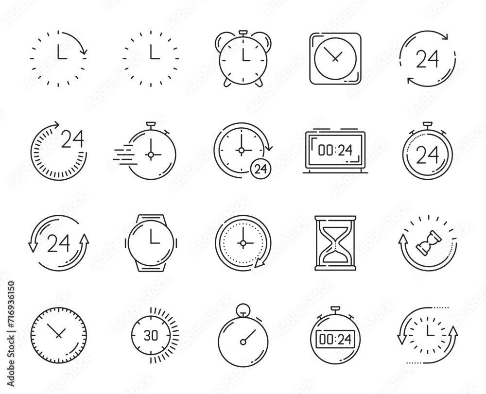 Poster timer clock outline icons. alarm, stopwatch, calendar timer. interval chronometer, time management w