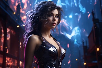 A futuristic and edgy image featuring a model in avant-garde cyberpunk attire, standing against a neon-lit futuristic city skyline