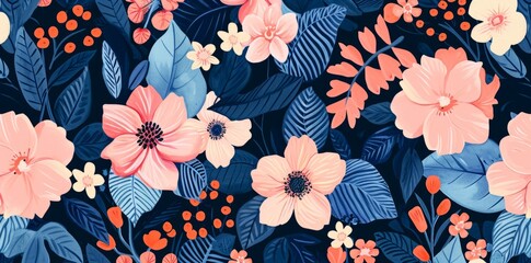 pink floral wallpaper in dark blue and pink Generative AI - obrazy, fototapety, plakaty
