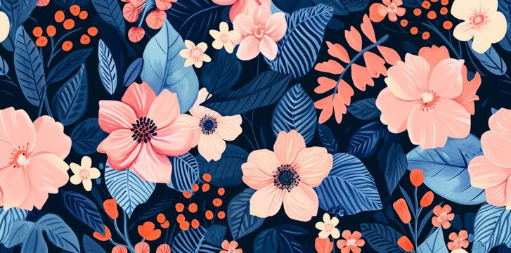 pink floral wallpaper in dark blue and pink Generative AI