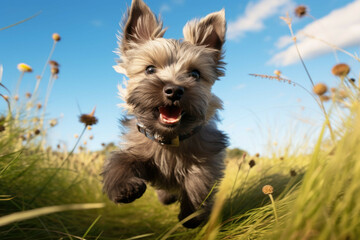 Cairn Terrier Puppy Running Through a Meadow of Grass