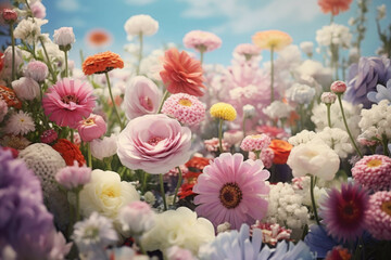 Soft pastel-toned flowerbed of blooming flowers