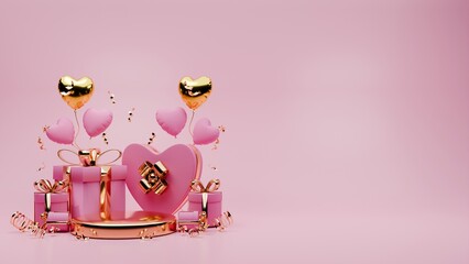 3D rendered pink and gold valentine themed podium display featuring of confetti,  gift boxes, and love balloons for banner template