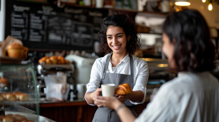 cheerful barista with curly hair is handing over a cup of cappuccino