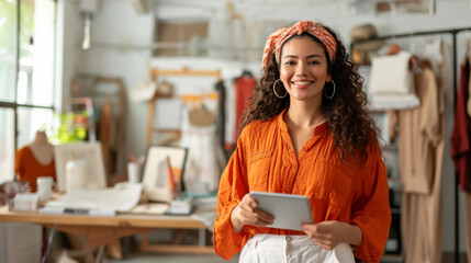 Young woman with blond hair smiling at the camera, holding a tablet in a creative workspace with a fashion design setting
