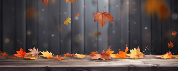 Autumn leaves on wooden table top view. maple orange leaf on old board. Falling leaves natural background.