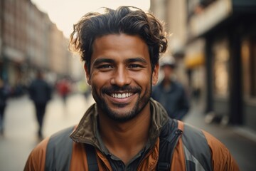 Portrait of handsome smiling young worker in autumn street background. AI generated