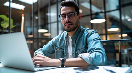 Obraz premium Man smiling while working on a laptop in a modern office environment