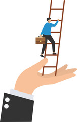 Overcoming business obstacles, Barriers or difficulty, Challenge to solve business problems and see opportunity, Climb up ladder to overcome hand stopping him

