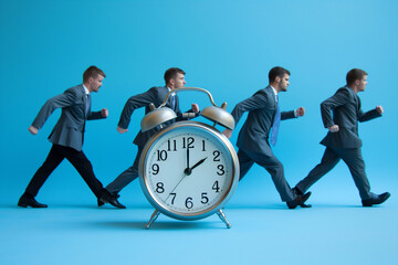 A group of business people are running in a hurry, with an alarm clock in the foreground