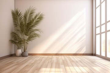Fototapeta na wymiar interior with plant, white wall, wooden floor. Empty room with wooden floor and plant.