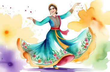 young persian woman in traditional clothes celebrating Nowruz, dancing, watercolor illustration
