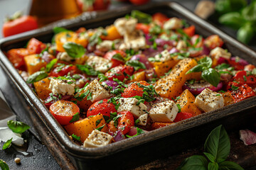 Baked vegetables with feta cheese in a baking dish.