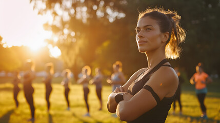 A fitness instructor leading an outdoor bootcamp at dawn. - obrazy, fototapety, plakaty