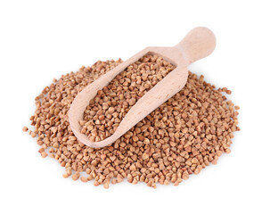 Pile of raw buckwheat and scoop isolated on white