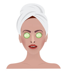 Woman with wrapped towel and cucumber face mask. vector