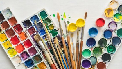 Obraz premium Brush Strokes: Flat Lay Arrangement of Watercolor Tools on White