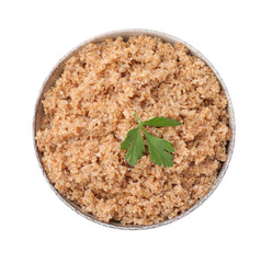 Tasty wheat porridge with parsley in bowl isolated on white, top view