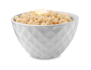 Tasty wheat porridge with butter in bowl isolated on white