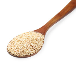 Wooden spoon with raw quinoa isolated on white
