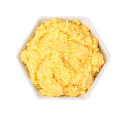 Cooked cornmeal in bowl isolated on white, top view
