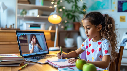 young girl engaged in an online learning session, writing notes while participating in a video call with a teacher on her laptop at a home study setup