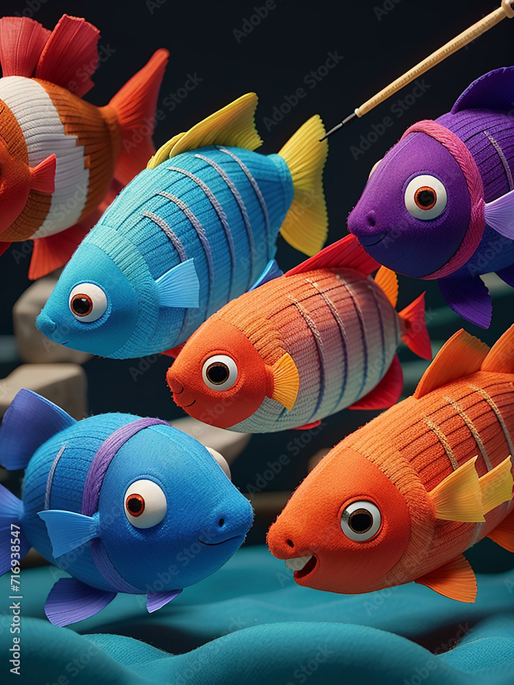 Wall mural A photo of colorful fish woven with yarn Generative AI - Wall murals