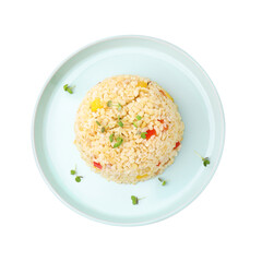 Delicious bulgur with vegetables and microgreens isolated on white, top view