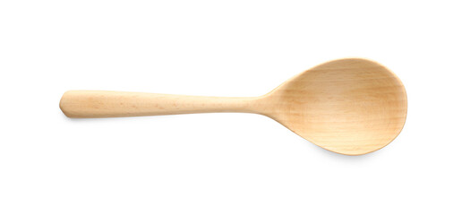 One empty wooden spoon isolated on white, top view