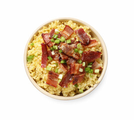 Tasty millet porridge with bacon and green onion in bowl isolated on white, top view