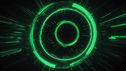 Modern digital wallpaper presenting an abstract background of lines converging into random circles of gliding green neon. The composition highlights the dynamic flow of glowing particles.